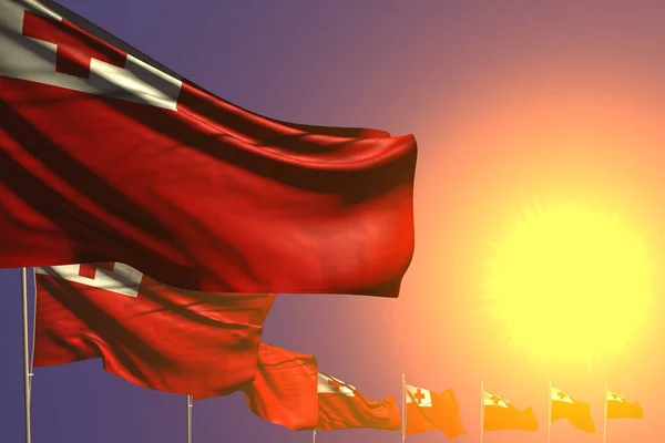 Wonderful many Tonga flags placed diagonal on sunset with space for your content - any occasion flag 3d illustration — 스톡 사진