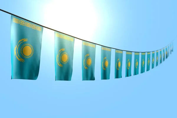 Nádherné mnoho kazašských vlajek nebo praporů visí diagonálně na laně na modrém pozadí oblohy s bokeh - jakékoliv rekreační vlajky 3d ilustrace — Stock fotografie
