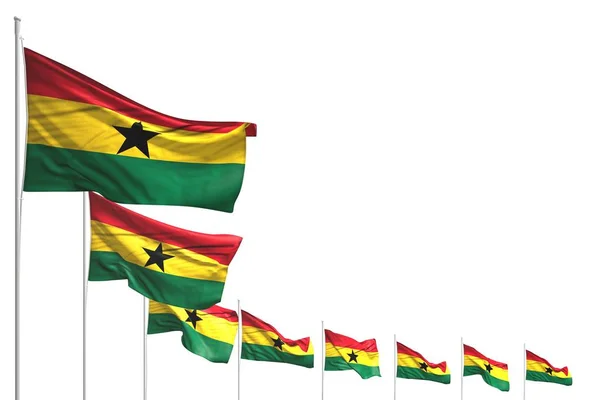 Beau beaucoup de drapeaux du Ghana placés en diagonale isolé sur blanc avec de l'espace pour le contenu - tout drapeau de vacances illustration 3D — Photo
