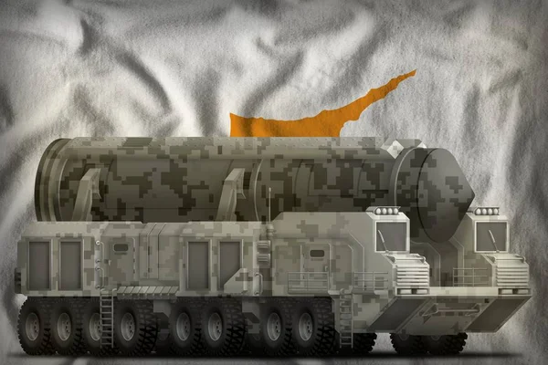 Missile balistico intercontinentale con camuffamento urbano sullo sfondo della bandiera nazionale cipriota. Illustrazione 3d — Foto Stock