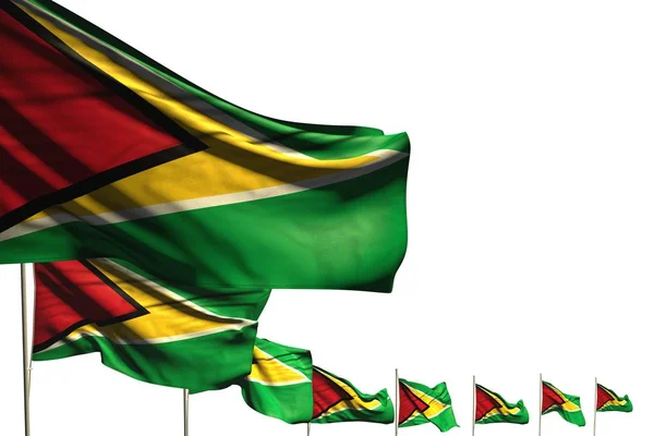 nice many Guyana flags placed diagonal isolated on white with place for text - any feast flag 3d illustration