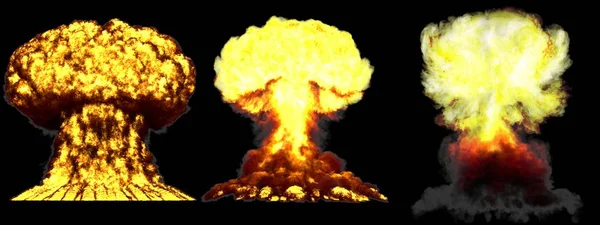 3D illustratie van explosie-3 grote zeer hoge gedetailleerde verschillende fasen paddestoel wolk explosie van Nuke bom met rook en brand geïsoleerd op zwart — Stockfoto