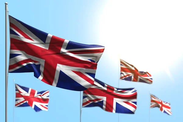 Hermosa 5 banderas de Reino Unido (Reino Unido) están ondeando contra la ilustración del cielo azul con enfoque selectivo - cualquier celebración bandera 3d ilustración — Foto de Stock