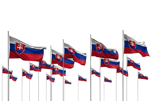 Nice many Slovakia flags in a row isolated on white with empty space for text - any holiday flag 3d illustration — Stock Photo, Image