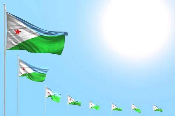 Agradable muchas banderas de Djibouti colocadas diagonal en el cielo azul con espacio para su contenido - cualquier ilustración 3d bandera de vacaciones — Foto de Stock