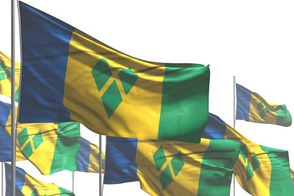 Söta många Saint Vincent och Grenadinerna flaggor är viftande isolerad på vit-alla firande flagga 3D-illustration — Stockfoto