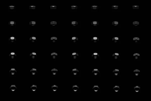 Πολλά μαύρα καρύδια που περιστρέφονται από διαφορετικές γωνίες απομονώνονται σε μαύρο-χαριτωμένο βιομηχανική 3D απεικόνιση, pic για το σχεδιασμό χρησιμοποιώντας — Φωτογραφία Αρχείου