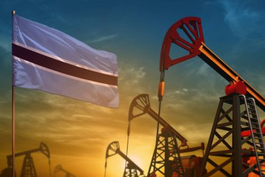 Botsvana petrol endüstrisi kavramı. Endüstriyel illüstrasyon - Botsvana bayrak ve yağ kuyuları karşı mavi ve sarı günbatımı gökyüzü arka plan - 3d illüstrasyon