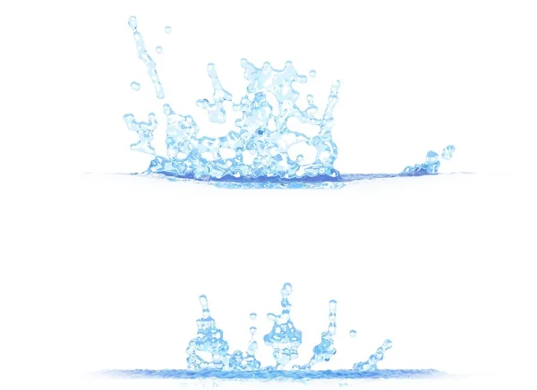 Ilustracja 3D z dwóch bocznych widoków zimnej wody Splash-makieta na białym tle, twórczy nadal — Zdjęcie stockowe