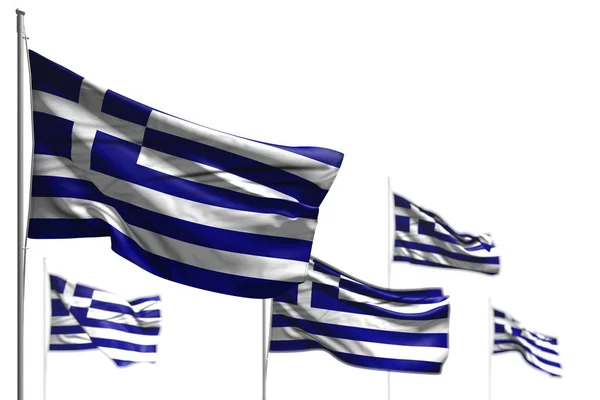 Beautiful five flags of Greece are waving isolated on white - image with bokeh - any feast flag 3d illustration — Stock Photo, Image