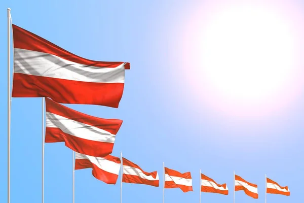 Wonderful many Austria flags placed diagonal on blue sky with place for your content - any celebration flag 3d illustration — Stock Photo, Image