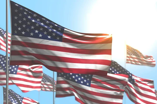 Pretty many USA flags are waving against blue sky image with soft focus - any holiday flag 3d illustration — Stock Photo, Image