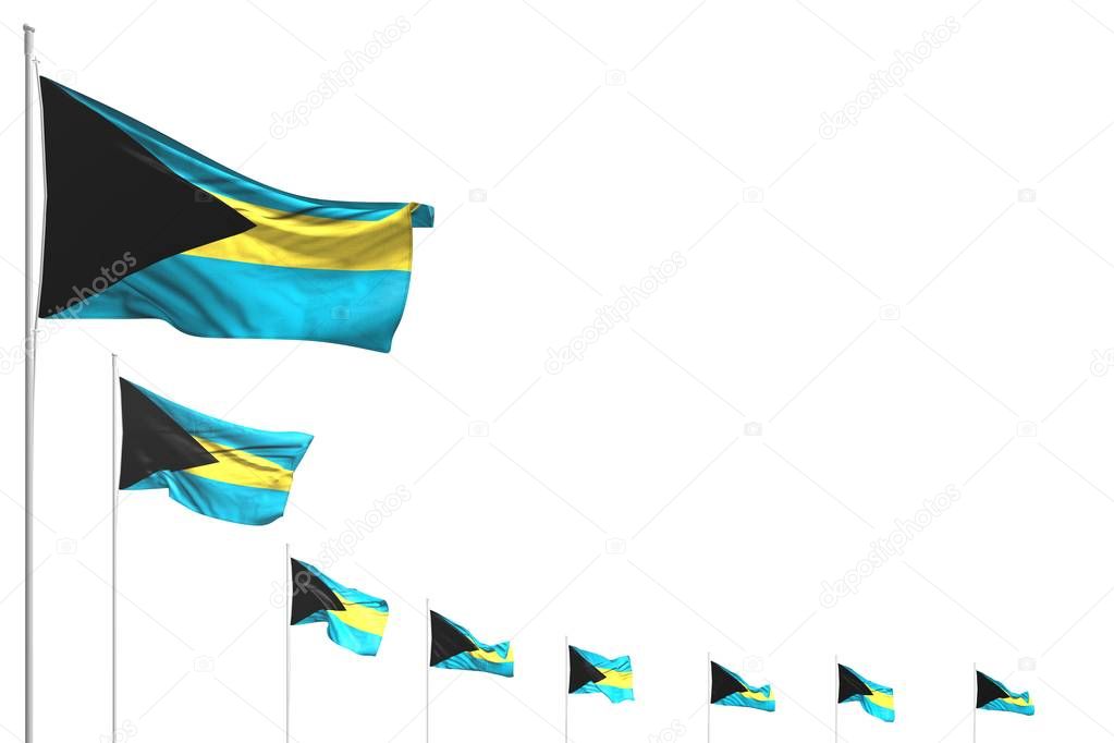 cute many Bahamas flags placed diagonal isolated on white with place for your text - any feast flag 3d illustration