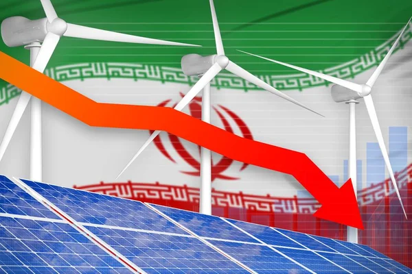 Iran solar and wind energy lowering chart, arrow down - renewable natural energy industrial illustration. 3D Illustration
