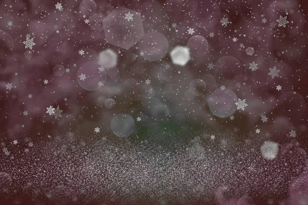 Beautiful brilliant glitter lights defocused bokeh abstract background and falling snow flakes fly, festal mockup texture with blank space for your content — Stock Photo, Image