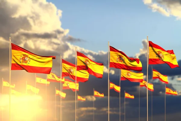 Beautiful many Spain flags on sunset placed in row with soft focus and place for your text - any holiday flag 3d illustration — Stock Photo, Image