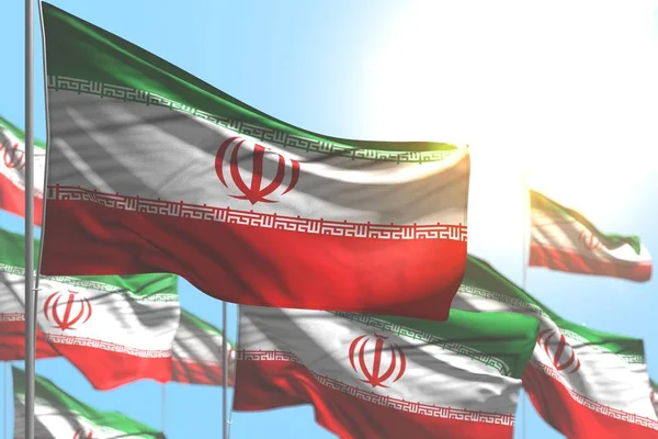 nice many Iran flags are wave against blue sky illustration with bokeh - any occasion flag 3d illustration