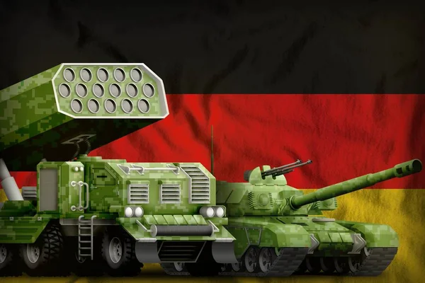 Germany heavy military armored vehicles concept on the national flag background. 3d Illustration