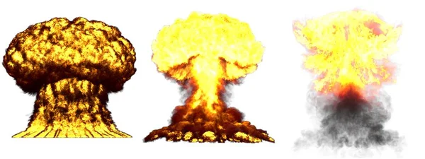 Illustration 3D de l'explosion - 3 grandes phases très détaillées différentes champignon explosion nuage de super bombe avec fumée et feu isolé sur blanc — Photo