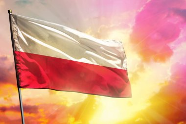 Güzel renkli günbatımı veya gündoğumu arka plan üzerinde Fluttering Polonya bayrağı. Başarı kavramı.