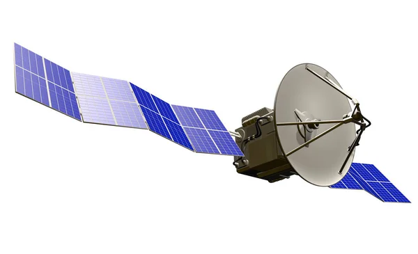 Ilustração industrial de satélite cósmico - nave espacial com enormes painéis solares isolados sobre fundo branco claro - ilustração 3D — Fotografia de Stock