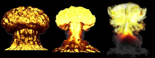 3D ilustrace exploze-3 obrovské vysoce podrobné různé fáze exploze atomového mraku termonuzání bomby s kouřem a ohněm izolovaným na černém — Stock fotografie