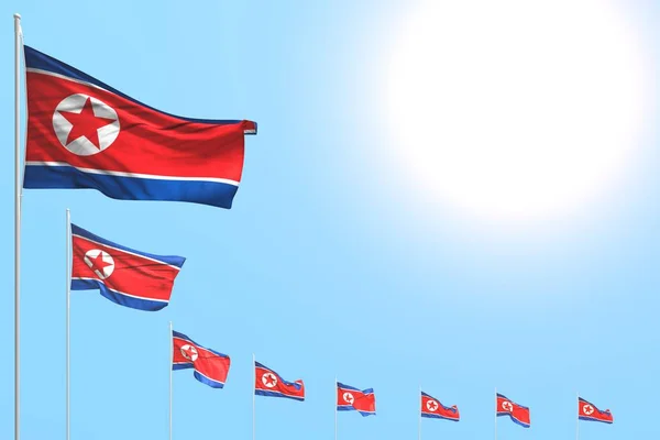 Красиві багато прапори Північної Кореї розмістили Діагональ на синьому небі з місцем для утримання-будь-який випадок прапор 3D ілюстрація — стокове фото