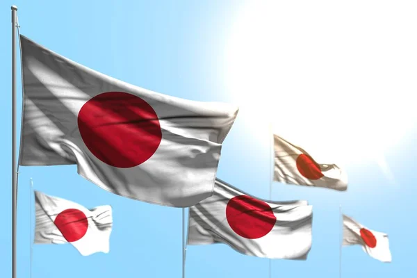 Cute 5 flags of Japan are waving against blue sky picture with bokeh - any holiday flag 3d illustration — Stok Foto