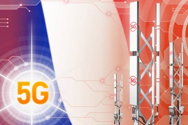 Fransa 5g endüstriyel illüstrasyon, bayrak ile modern arka plan üzerinde büyük hücresel ağ direği veya kule - 3d İllüstrasyon