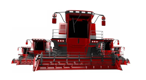 Деякі червоні житні сільськогосподарські комбайни ізольовані на білому тлі сільськогосподарська машина, промислова 3D ілюстрація — стокове фото
