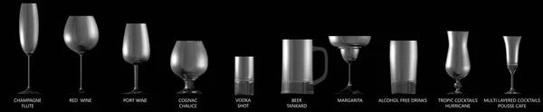3D-Illustration einer großen Sammlung verschiedener Gläser für starke Alkoholgetränke und Cocktails isoliert auf schwarz, Seitenansicht - Trinkglasrenderer — Stockfoto