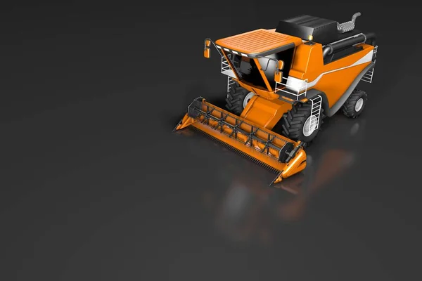 Industrial 3D illustration of huge modern orange rye agricultural harvester front top view with reflection on dark grey, mockup with place for your text — Stock Photo, Image