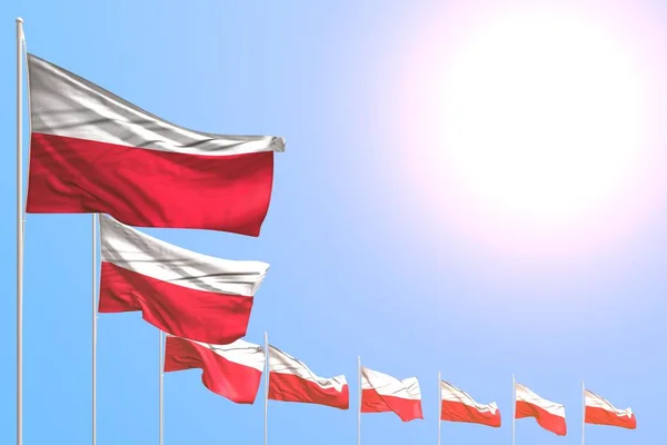Ωραίες πολλές σημαίες Πολωνία τοποθετηθεί διαγώνια στο γαλάζιο του ουρανού με χώρο για το κείμενο-κάθε γιορτή σημαία 3D εικόνα — Φωτογραφία Αρχείου