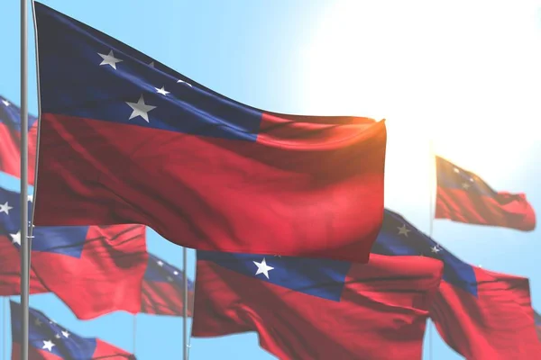Carino molte bandiere Samoa sventolano contro immagine cielo blu con attenzione selettiva - qualsiasi bandiera celebrazione illustrazione 3d — Foto Stock
