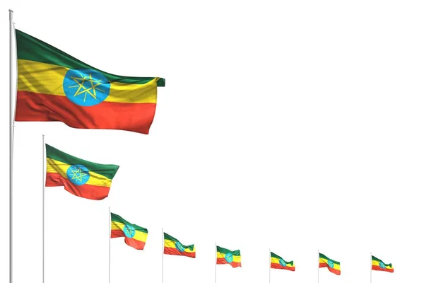 Wonderful many Ethiopia flags placed diagonal isolated on white with place for text - any holiday flag 3d illustration — Stock Photo, Image