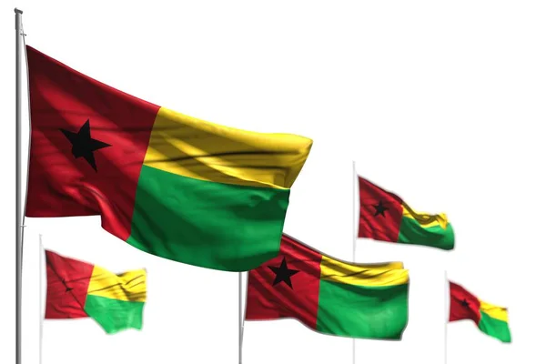 Schöne fünf Flaggen von Guinea-Bissau werden isoliert auf Weiß geschwenkt - Bild mit Bokeh - jede Gelegenheit Flagge 3d Illustration — Stockfoto