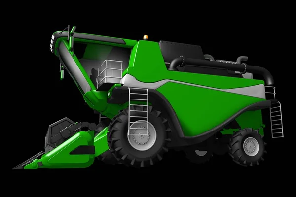 Industrial 3D illustration of big cg green rural harvester side view isolated on black — Stock Photo, Image