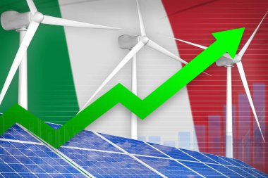 İtalya güneş ve rüzgar enerjisi yükselen grafik, ok kadar - modern doğal enerji endüstriyel illüstrasyon. 3d İllüstrasyon