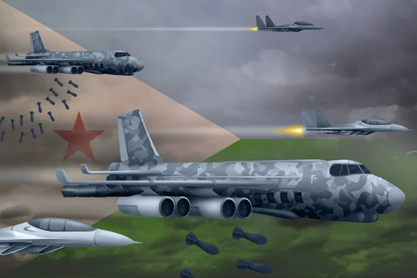 Concept de bombardement des forces aériennes djiboutiennes. Les avions de l'armée de Djibouti larguent des bombes sur fond de drapeau. Illustration 3d — Photo