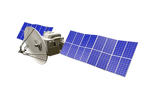 Industriële illustratie van orbitale satelliet met grote zonne-energie panelen geïsoleerd op witte achtergrond-3D illustratie — Stockfoto