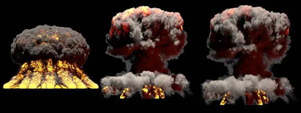 Ilustração 3D de explosão - 3 enormes fases diferentes explosão de nuvem de cogumelo de fogo de bomba atômica com fumaça e chama isolada em fundo preto — Fotografia de Stock