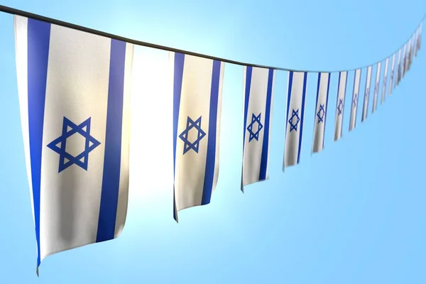 Underbara många Israel flaggor eller banderoller hängande diagonal på sträng på blå himmel bakgrund med bokeh - någon semester flagga 3D-illustration — Stockfoto