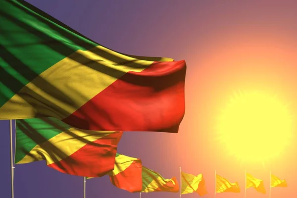 Hermoso muchas banderas del Congo colocadas diagonal en la puesta del sol con espacio para el texto - cualquier ocasión bandera 3d ilustración — Foto de Stock