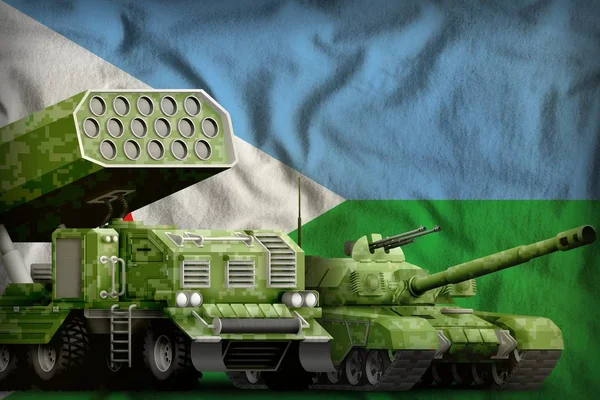 Τζιμπουτί με βαριά στρατιωτικά θωρακισμένα οχήματα, στο φόντο της εθνικής σημαίας. Εικονογράφηση 3D — Φωτογραφία Αρχείου