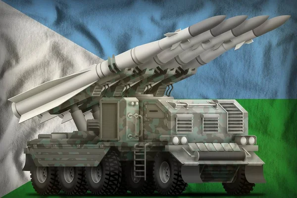 Taktické rakety krátkého dosahu s arktickou kamuflátou na pozadí národní vlajky Djibouti. 3D ilustrace — Stock fotografie