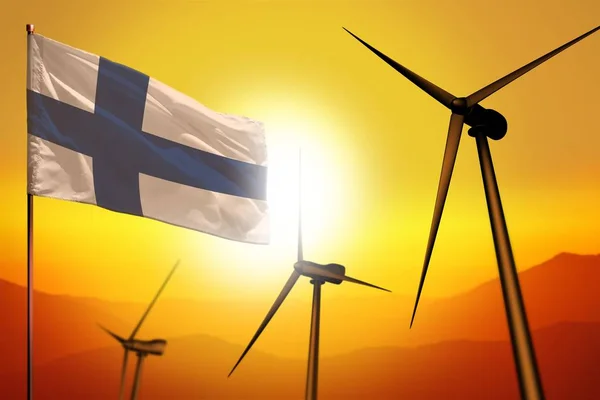 Finlandia Energia eolica, concetto di ambiente energetico alternativo con turbine eoliche e bandiera al tramonto illustrazione industriale - energie alternative rinnovabili, illustrazione 3D — Foto Stock