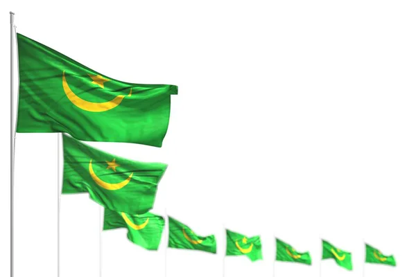 Schöne Mauretanien isolierte Flaggen diagonal platziert, Bild mit weichem Fokus und Platz für Inhalte - jede Urlaubsfahne 3D-Illustration — Stockfoto