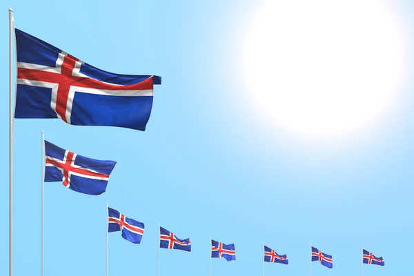 Bastantes banderas de Islandia colocadas diagonal en el cielo azul con espacio para el texto - cualquier bandera de vacaciones 3d ilustración —  Fotos de Stock