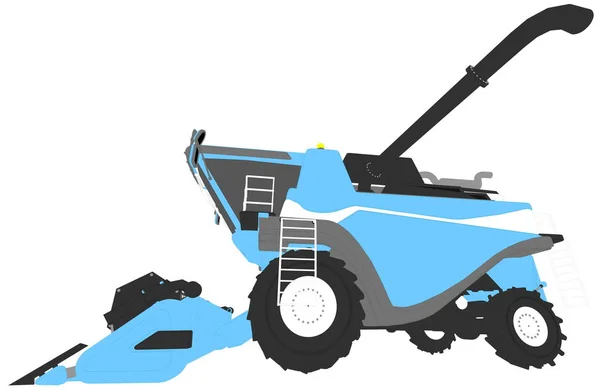 Cartoon kolorowy model 3D niebieski kombajn rolniczy z rur zbiorów na białym tle, świadczonych z szerokim efektem obiektywu-przemysłowe ilustracji 3D — Zdjęcie stockowe