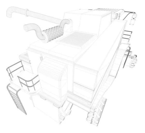 Industriální 3D ilustrace tenkého, detailní 3D kresby zemědělského sklízecí trubky s izolovaným Obilním potrubím, koncepce výzkumu zemědělských vozidel — Stock fotografie